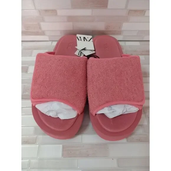 Zara‎ Women Pink Terry Cloth Fastner Slip On Chunky Slip On Sandals Size 11 - Picture 2 of 9